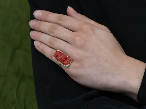 Floral Carved Coral Ring with Seed Pearl Halo in 14K Yellow Gold