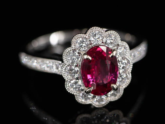 Ruby Ring with Scalloped Diamond Halo in 18K White Gold