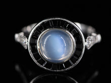  Moonstone and Onyx Halo Ring with Diamond Shoulders in 14K White Gold