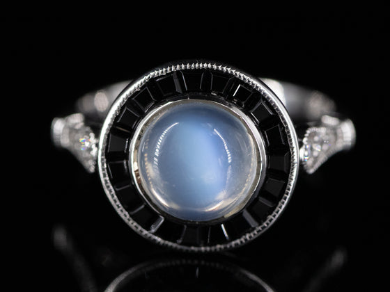 Moonstone and Onyx Halo Ring with Diamond Shoulders in 14K White Gold