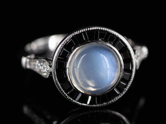 Moonstone and Onyx Halo Ring with Diamond Shoulders in 14K White Gold