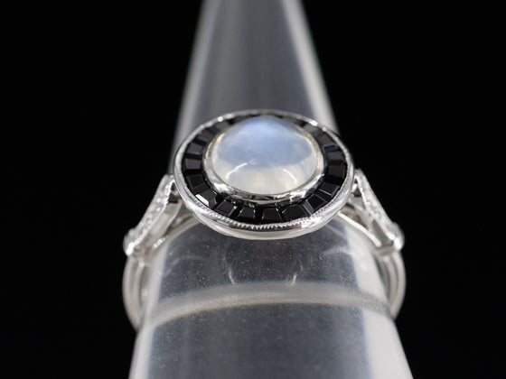 Moonstone and Onyx Halo Ring with Diamond Shoulders in 14K White Gold