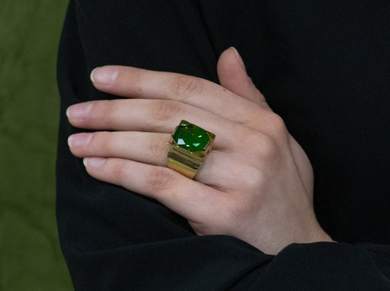 Modern 18K Yellow Gold Peridot Ring on Model