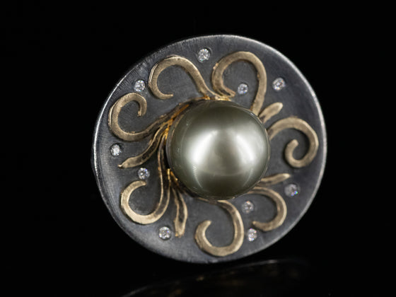 11.5 mm. Saltwater Pearl and Diamond Ring in Sterling Silver and 18K Yellow Gold