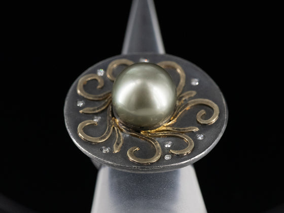 11.5 mm. Saltwater Pearl and Diamond Ring in Sterling Silver and 18K Yellow Gold