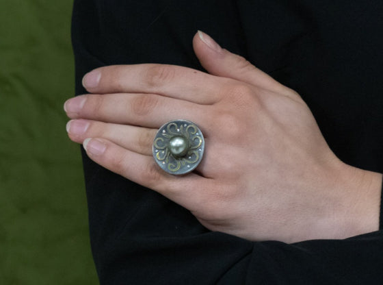 11.5 mm. Saltwater Pearl and Diamond Ring in Sterling Silver and 18K Yellow Gold