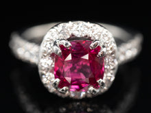 Ruby Ring with Diamond Halo and Shoulders in Platinum