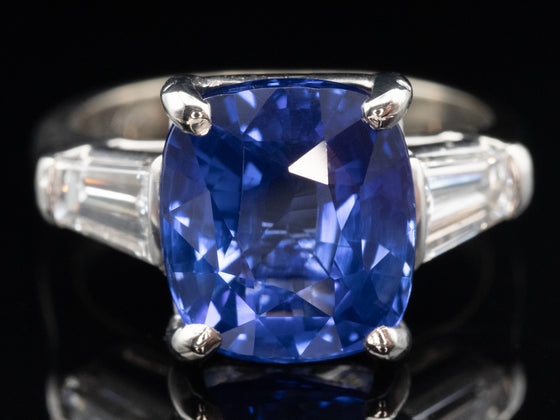 Three Stone Sapphire and Baguette Diamond Ring in 14K White Gold