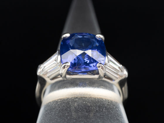 Three Stone Sapphire and Baguette Diamond Ring in 14K White Gold