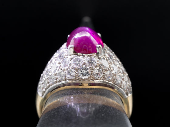 Star Ruby and Pavé Set Diamond Bombe Ring in 18K Yellow and White Gold