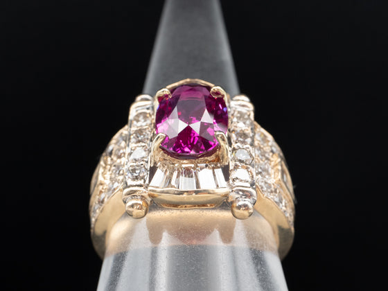 Pink Sapphire and Diamond Scroll Banner Ring in 14K Yellow Gold