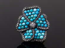  Turquoise and Old Mine Cut Diamond Pansy Ring in 18K Yellow Gold and 925 Silver
