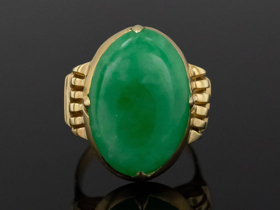 Dyed Jadeite Ring with Scrolled Shoulders in 22K Yellow Gold