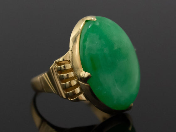 Dyed Jadeite Ring with Scrolled Shoulders in 22K Yellow Gold
