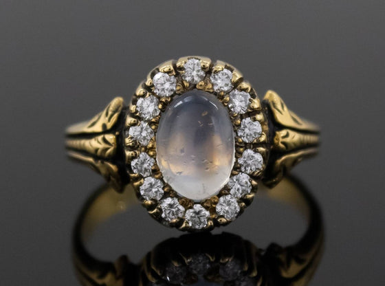 The Helena Moonstone and Diamond Halo Ring in 18K Yellow Gold