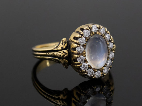The Helena Moonstone and Diamond Halo Ring in 18K Yellow Gold