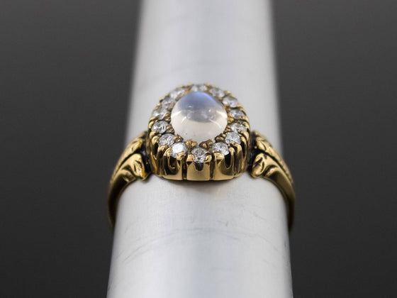 The Helena Moonstone and Diamond Halo Ring in 18K Yellow Gold