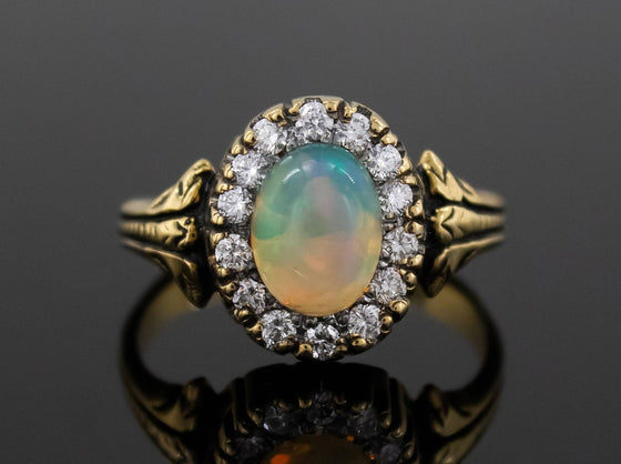 The Helena Opal and Diamond Halo Ring in 18K Yellow Gold