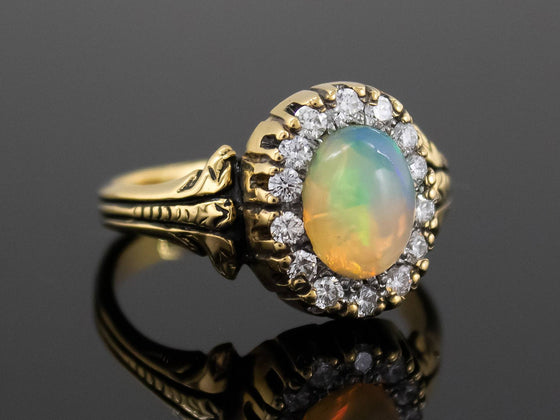 The Helena Opal and Diamond Halo Ring in 18K Yellow Gold
