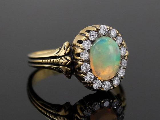 The Helena Opal and Diamond Halo Ring in 18K Yellow Gold