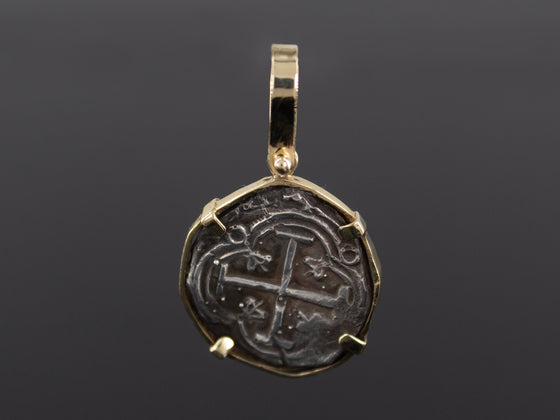 Authentic 18th Century Spanish Colonial Cob Coin Pendant in 14K Yellow Gold