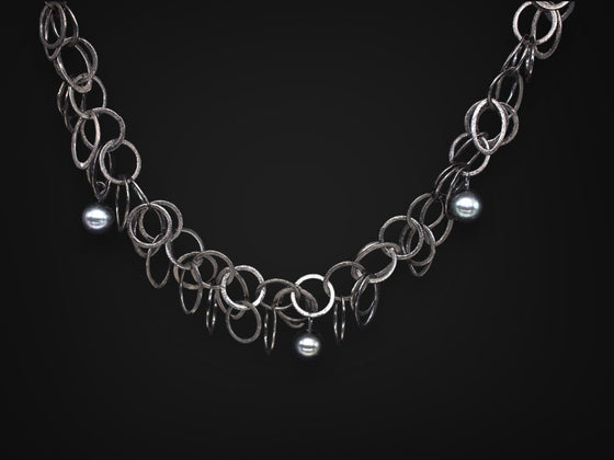 10-11 mm. Freshwater Pearl Necklace in Oxidized Sterling Silver