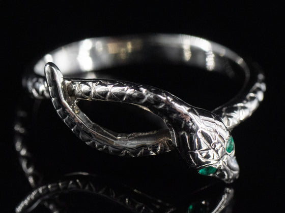 The Serpentine Emerald Snake Band in 14K White Gold