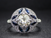 The Trinity Ring with Old Mine Cut Diamond with Blue Sapphires  in 14K White Gold
