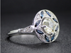 The Trinity Ring with Old Mine Cut Diamond with Blue Sapphires  in 14K White Gold