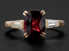 Three-Stone Ring Cushion Cut Garnet and Baguette Diamond in 14K Yellow Gold