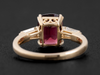 Three-Stone Ring Cushion Cut Garnet and Baguette Diamond in 14K Yellow Gold