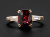 Three-Stone Ring Cushion Cut Garnet and Baguette Diamond in 14K Yellow Gold