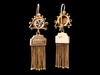 Victorian Floral Black Enamel and Chain Tassel Gold Drop Earrings